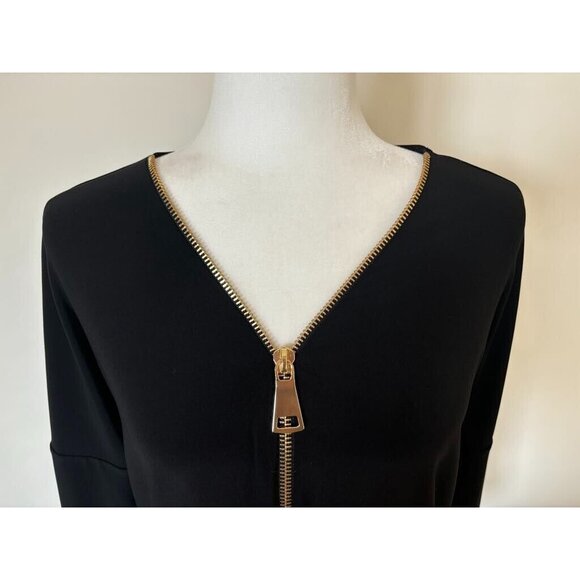 JOSEPH RIBKOFF Long Sleeve Top Size 8 Black Partial Front Gold Zipper Neckline - Picture 2 of 8